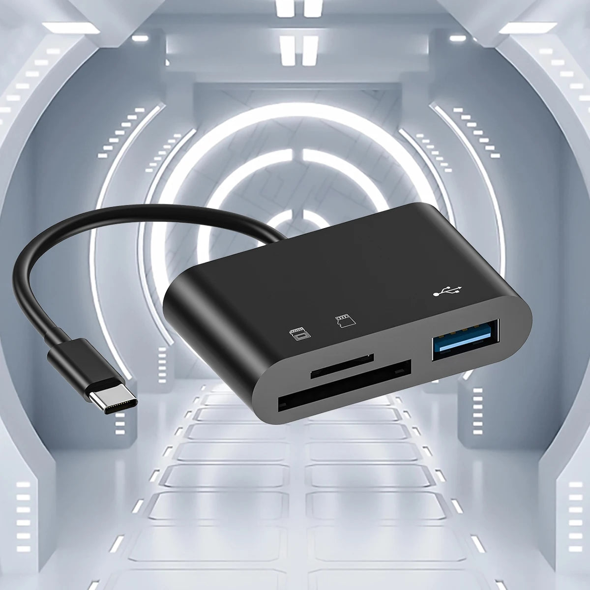Ein schwarzes 3-in-1 Type-C Kartenlesergerät in einem futuristischen, beleuchteten Tunnel