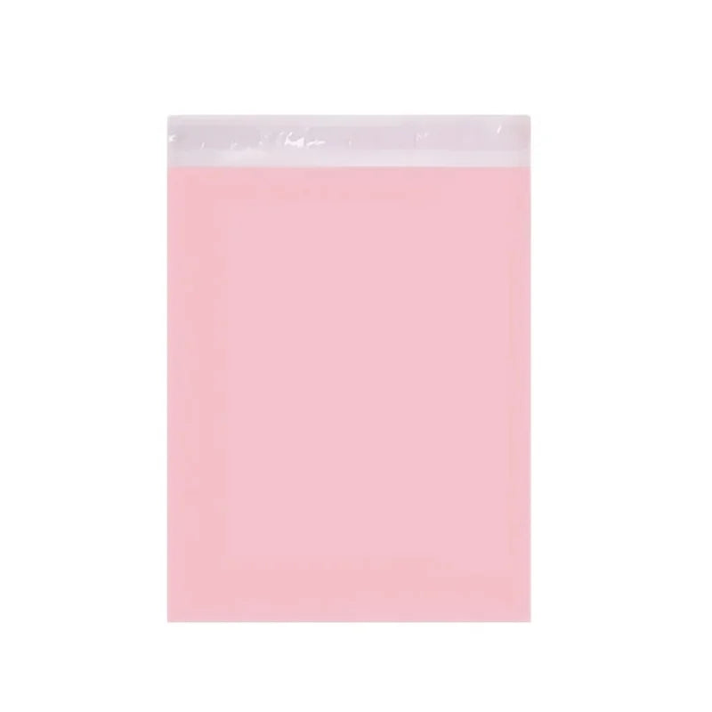 A clear pink reusable self-sealing packaging bag for gifts and shipping.