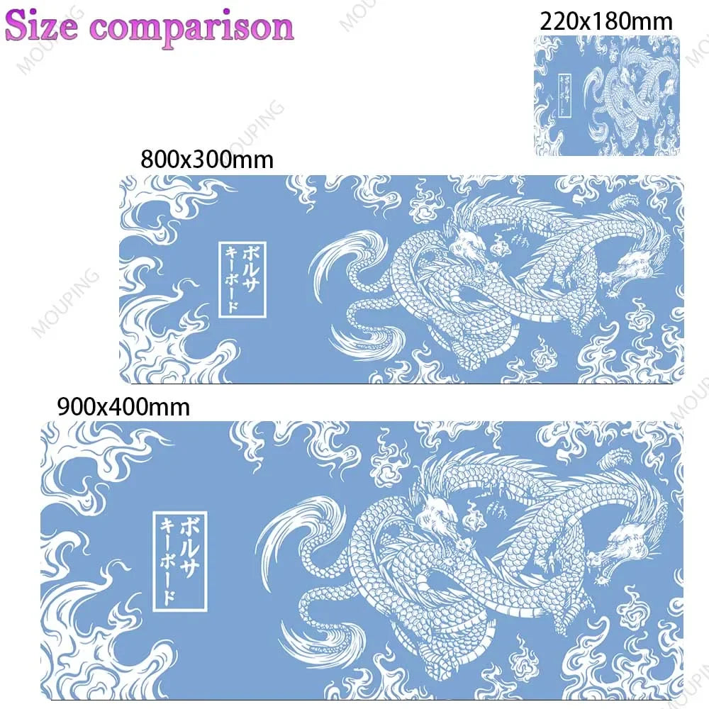 Comparison of two sizes of purple and white Japan-style gaming desk mats, 800x300mm and 900x400mm.