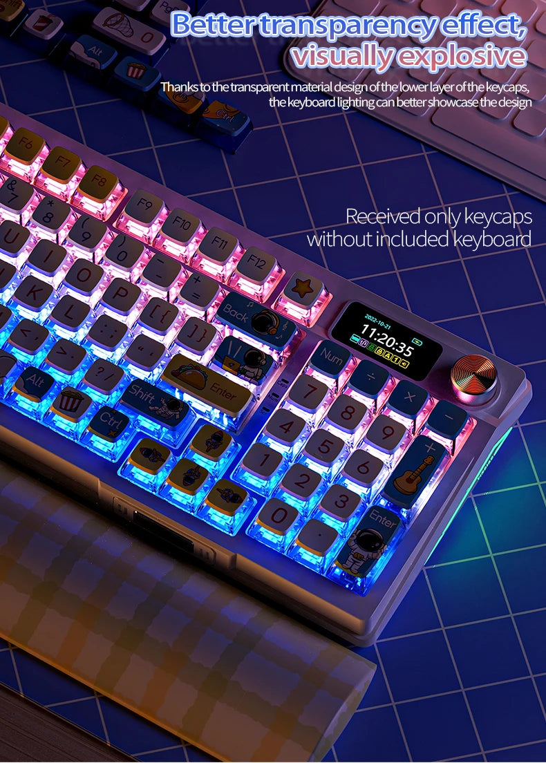 Close-up of PBT sublimated shark keycaps installed on a mechanical keyboard with vibrant blue lighting.