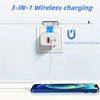 Base de charge magnétique blanche avec câble pour charge sans fil d'un smartphone bleu.