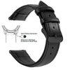 Black genuine leather watch band featuring quick release spring bars and a slide lever for strap adjustment