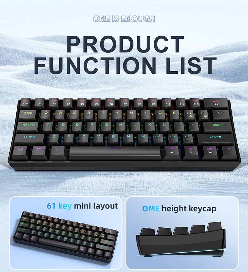 A black compact wired mechanical gaming keyboard is shown alongside a 61 key mini layout and an OME height keycap.