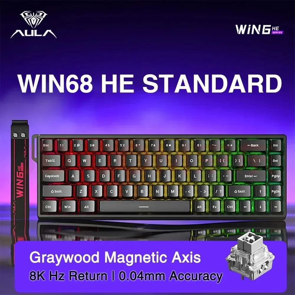 A close-up of a graywood magnetic axis keyboard featuring 8K Hz return and 0.04mm accuracy.