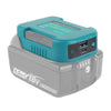 A teal and gray portable battery pack for Makita 18V tools featuring a USB and Type-C charging adapter.