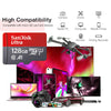 Sandisk Ultra 128GB microSD-Karten gezeigt mit verschiedenen elektronischen Geräten wie Kameras, Drohnen, Computern und Handy
