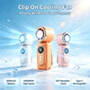 A set of three orange and pink clip-on cooling fans displayed on a white surface with battery and speed specifications visibl