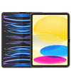 A display showing a split view of an iPad screen with colorful light trails and glass screen protectors.