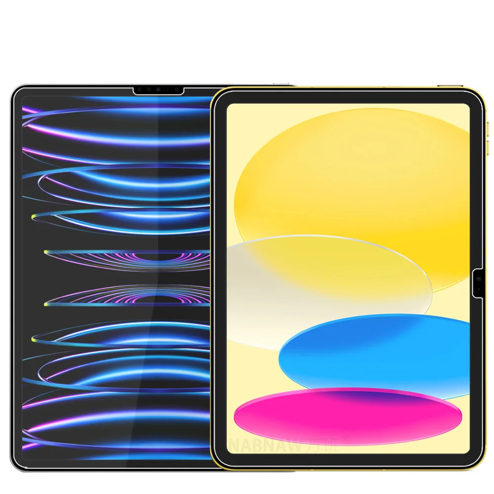 A display showing a split view of an iPad screen with colorful light trails and glass screen protectors.