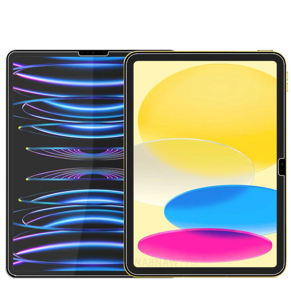A display showing a split view of an iPad screen with colorful light trails and glass screen protectors.