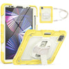 A yellow heavy duty rugged iPad case with a rotating kickstand and shoulder strap is shown alongside the device.