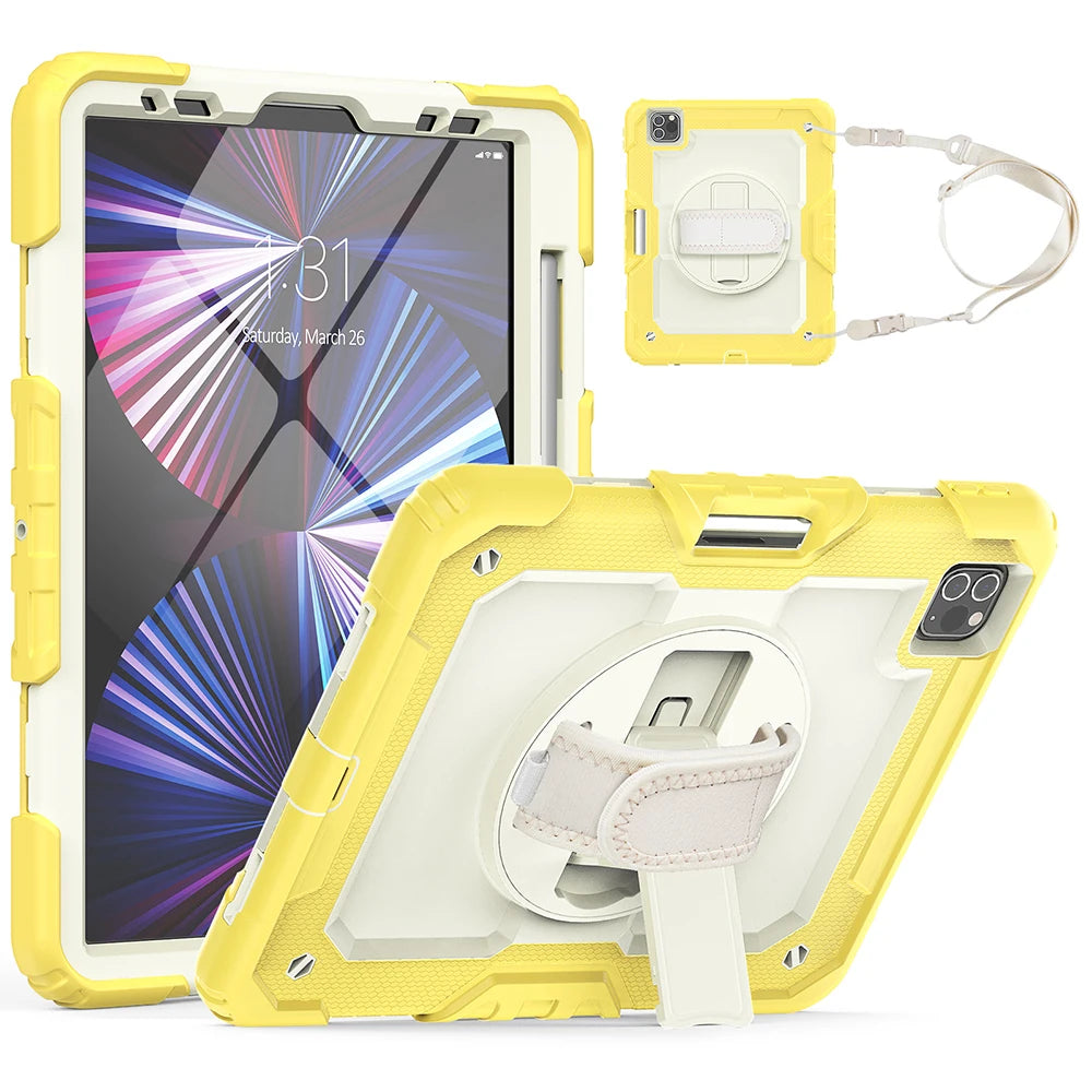 A yellow heavy duty rugged iPad case with a rotating kickstand and shoulder strap is shown alongside the device.