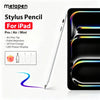 A white Metapen stylus pencil shown next to an iPad, highlighting its features for Pro/Air/Mini models.