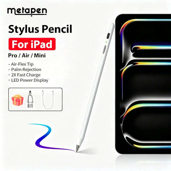 A white Metapen stylus pencil shown next to an iPad, highlighting its features for Pro/Air/Mini models.