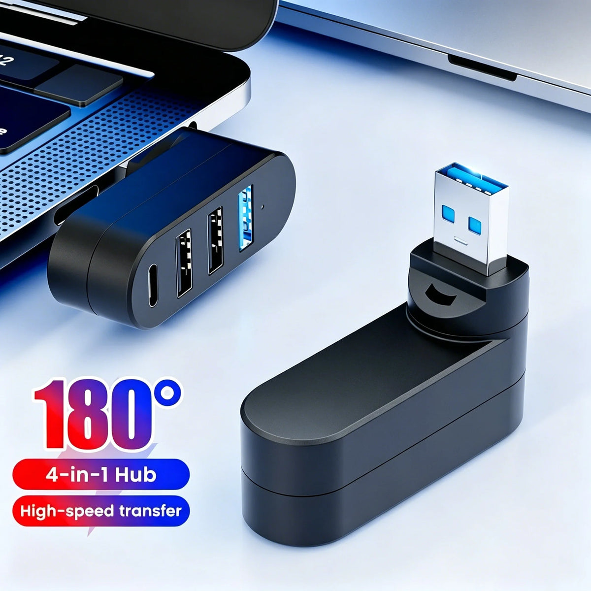 A black 4-in-1 USB hub with four ports is shown next to a silver laptop, highlighting its 180-degree rotation feature.
