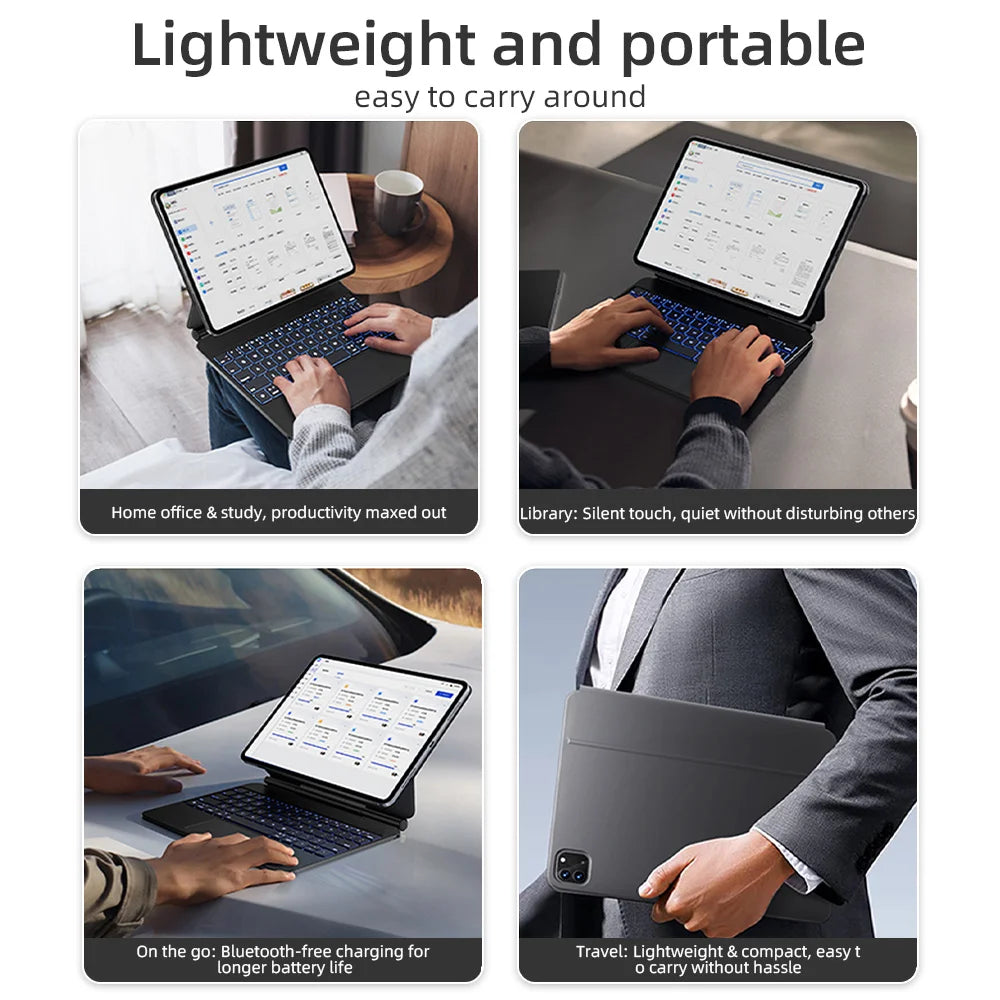 A lightweight magnetic wireless keyboard case with a backlit trackpad shown in various contexts for home, library, and travel