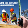 A hand holds a black self-locking fluorescent steel tape measure against a blue sky with construction workers in the backgrou