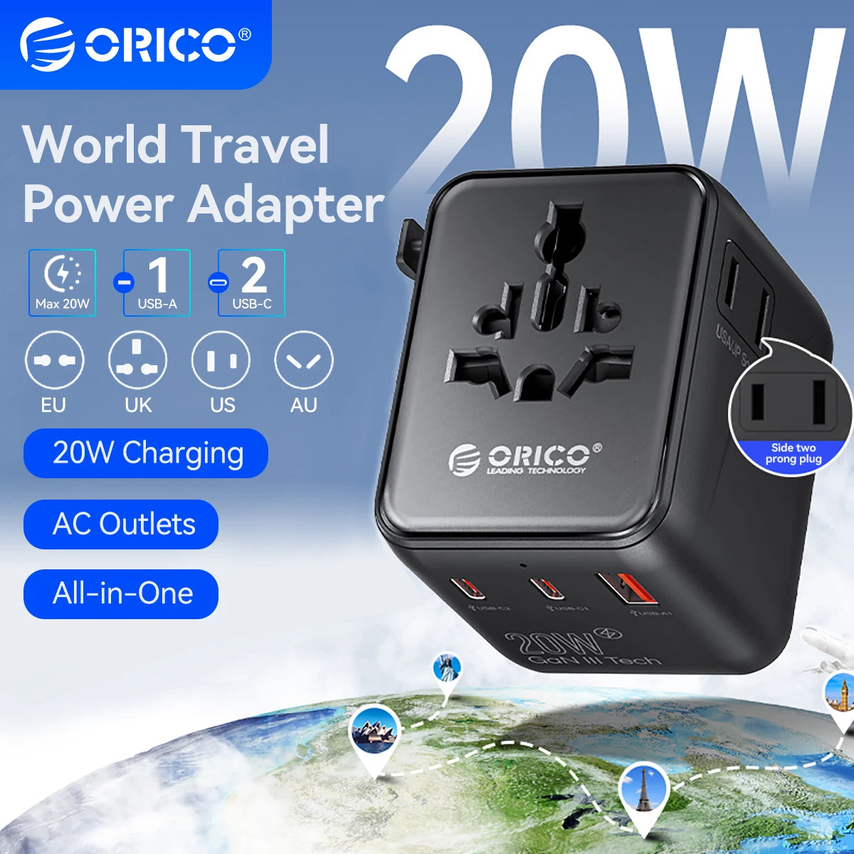 Black ORICO 20W World Travel Power Adapter showing various plug types and charging options on a globe background