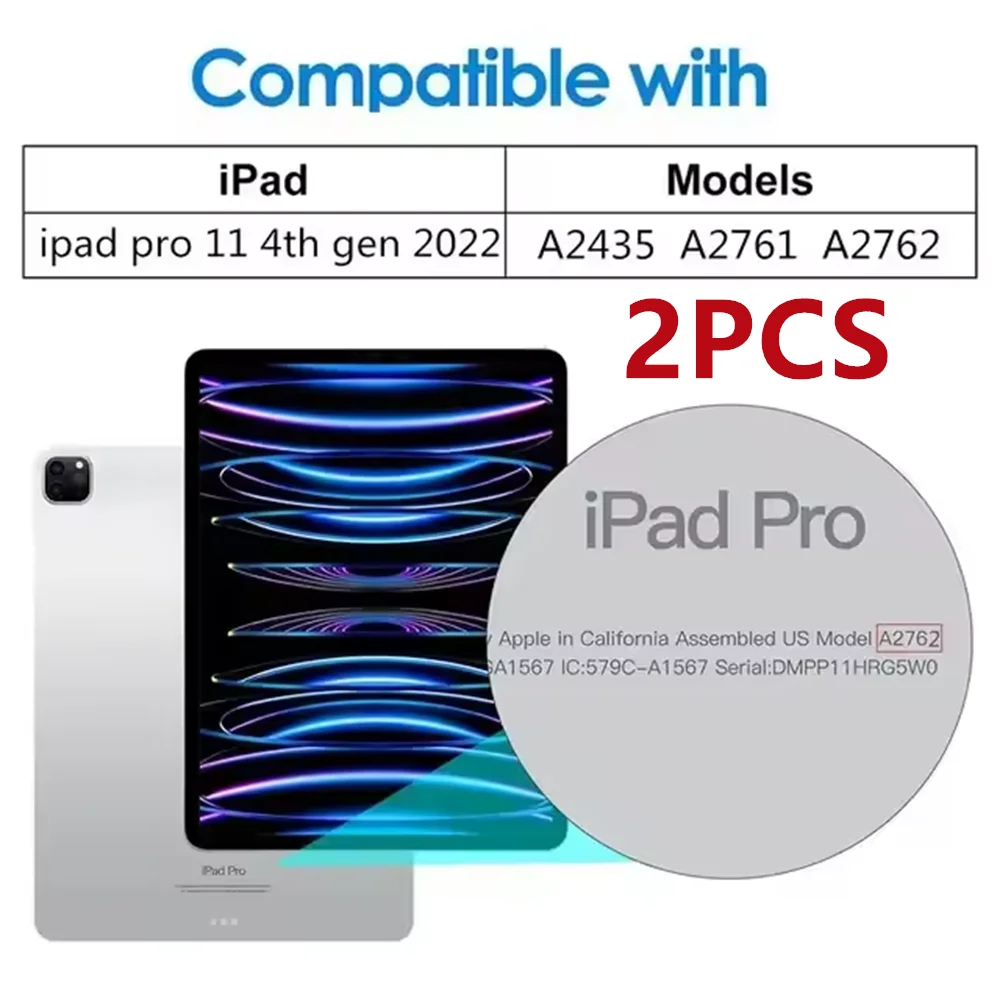 A package showing a 9H tempered glass screen protector for iPad Pro models A2435, A2761, and A2762.