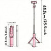 Pinker kabelloser Selfie-Stick mit Stativ, in Profil und Ganzansicht.