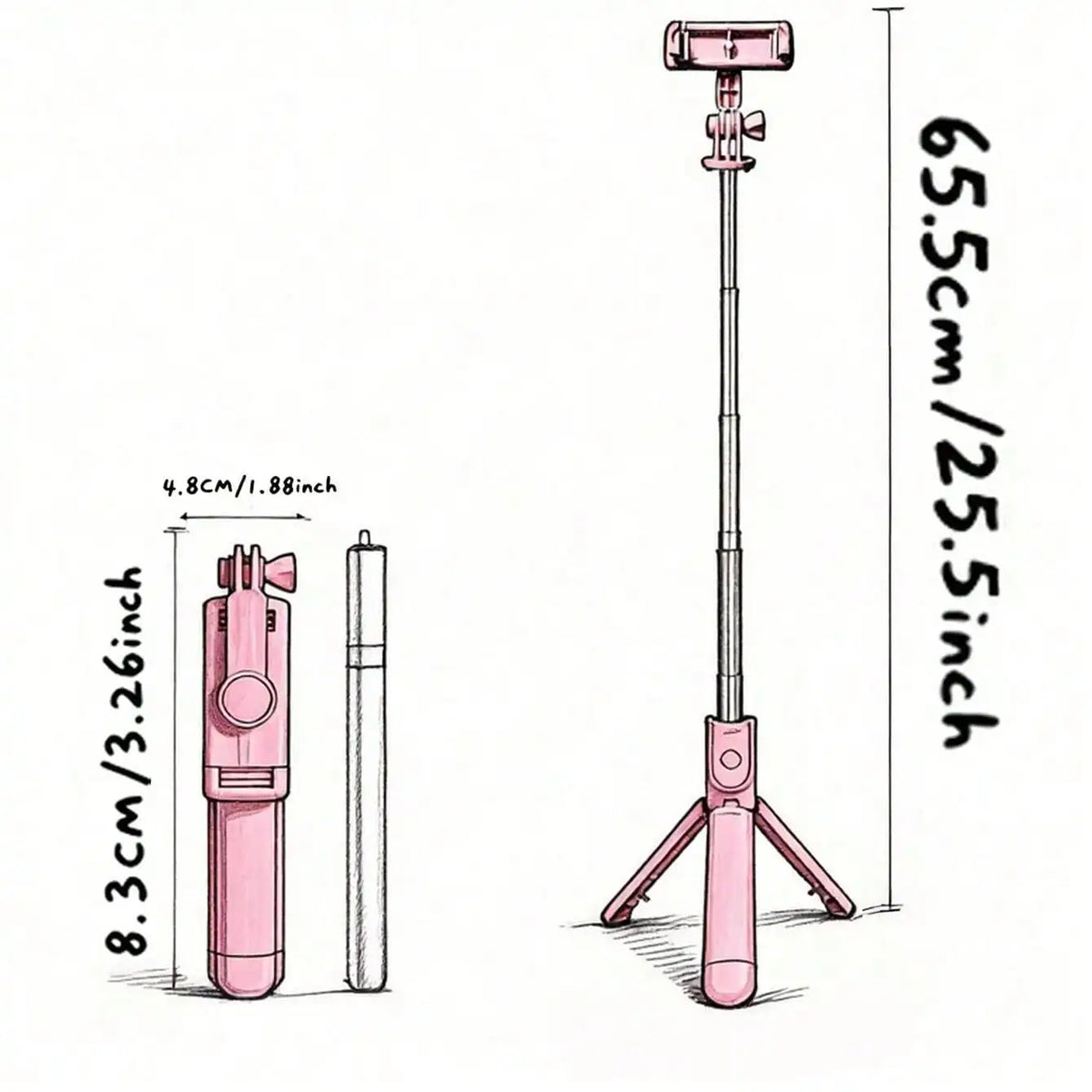 Pinker kabelloser Selfie-Stick mit Stativ, in Profil und Ganzansicht.
