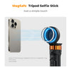 A silver smartphone is shown being held by a magnetic ring attached to a tripod selfie stick.