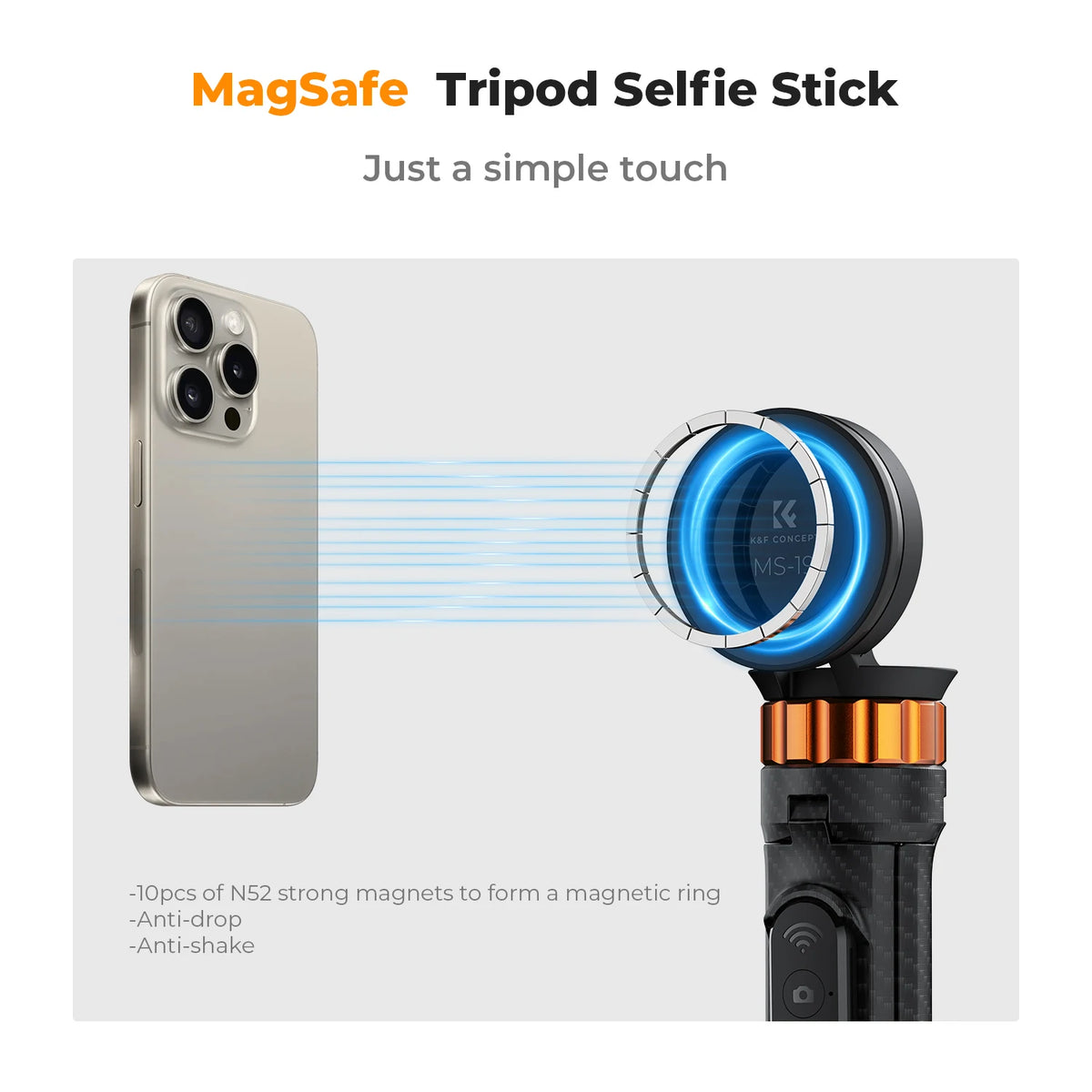 A silver smartphone is shown being held by a magnetic ring attached to a tripod selfie stick.
