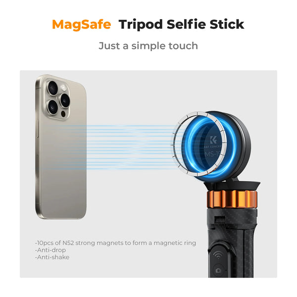 A silver smartphone is shown being held by a magnetic ring attached to a tripod selfie stick.