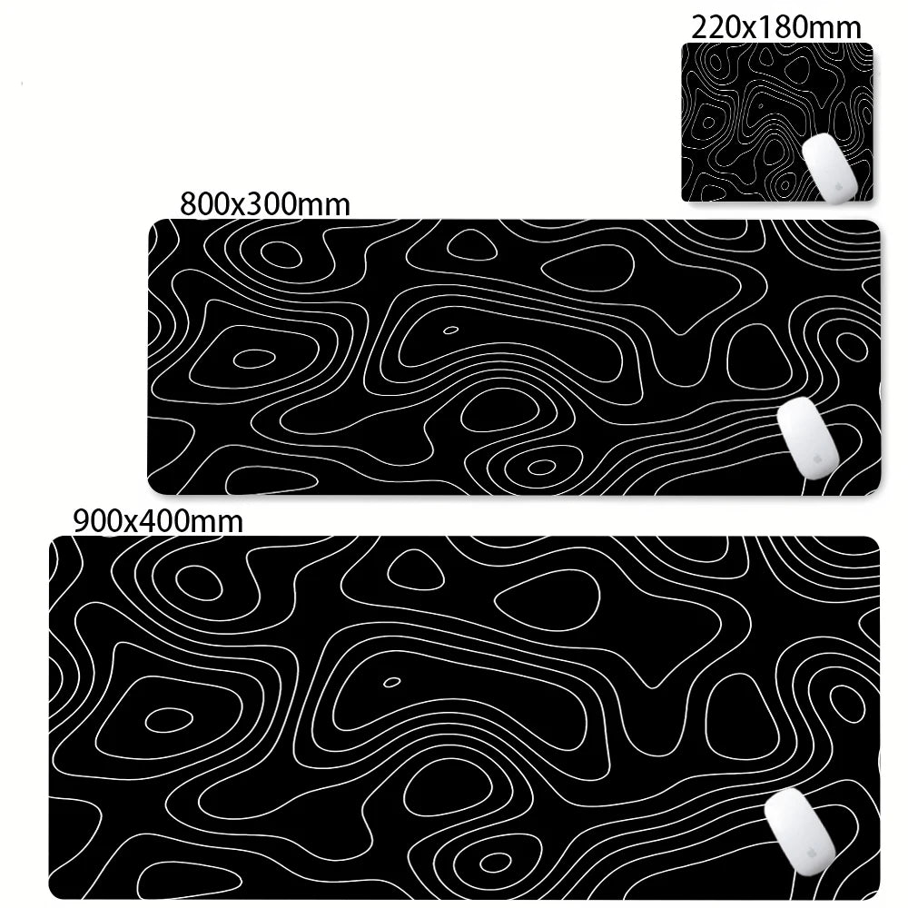 Black abstract desk mat with white contour lines for gaming and office use