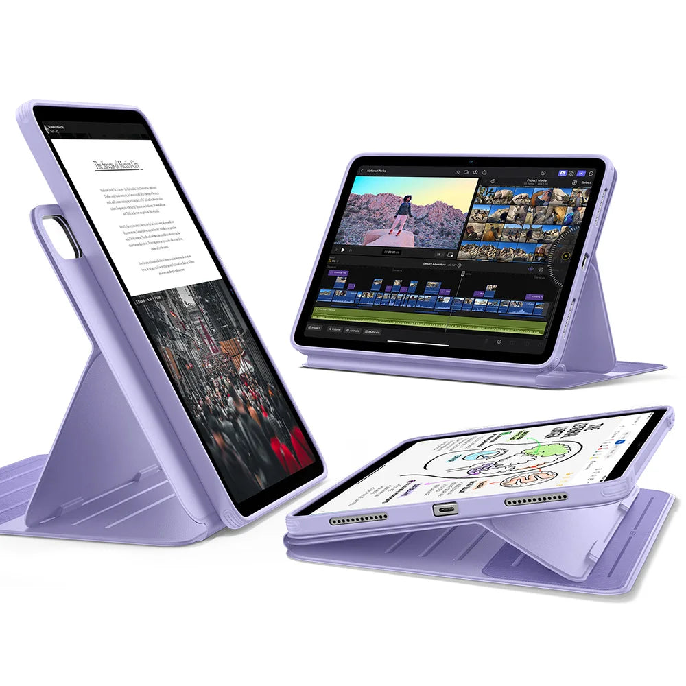 A purple magnetic folio case for an iPad Air shown in multiple angles.