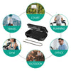 A diagram showing various activities (Court, Running, Office, Gym, Outdoor, Travel) connected to a portable combination lock 