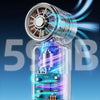 A portable rechargeable handheld cooling fan is shown with a metallic grille and blue light effects, emphasizing low-noise op