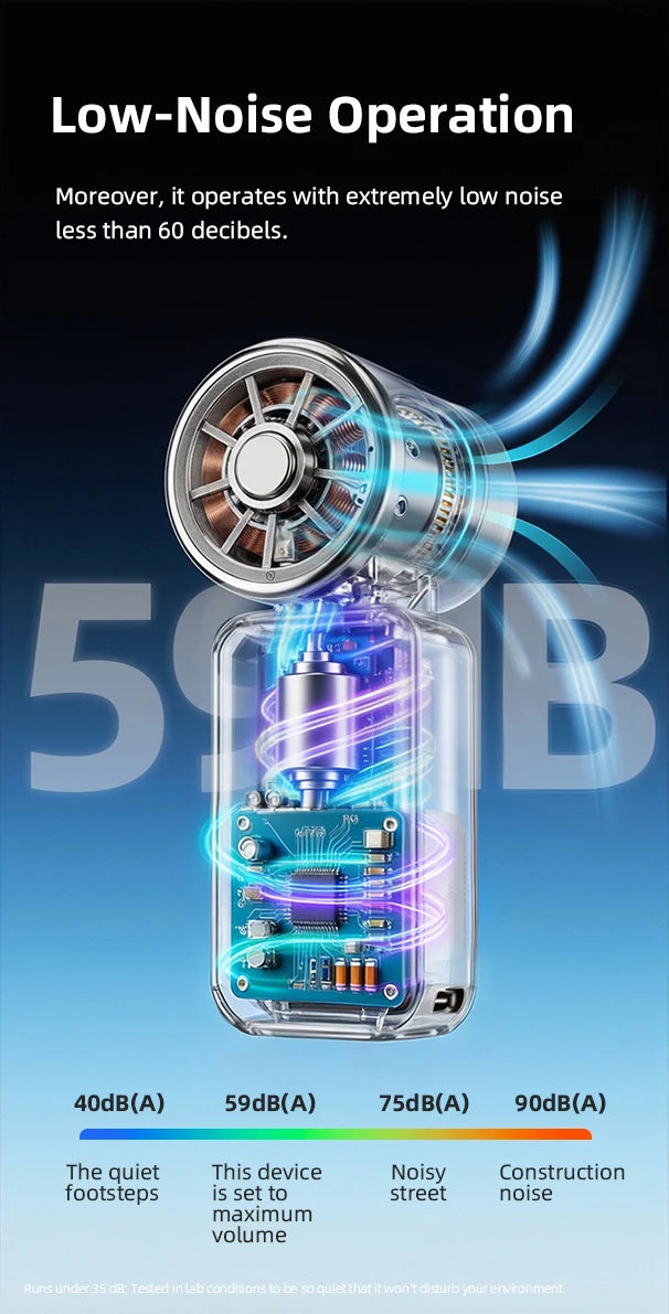 A portable rechargeable handheld cooling fan is shown with a metallic grille and blue light effects, emphasizing low-noise op