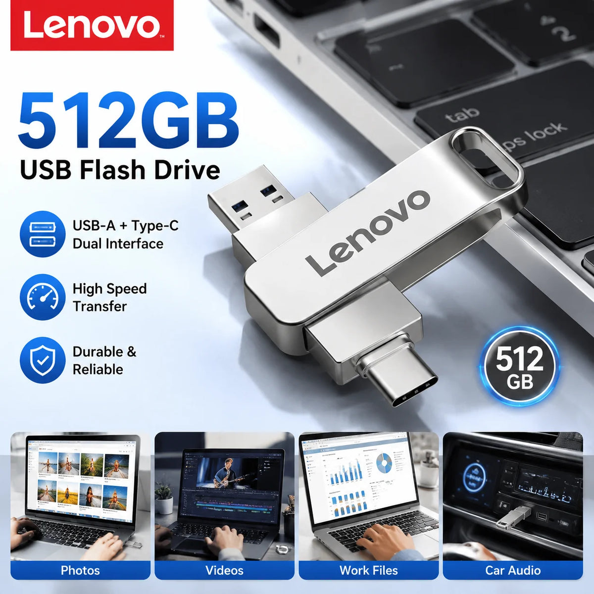 Silver Lenovo USB flash drive with a durable metal casing shown next to a laptop.
