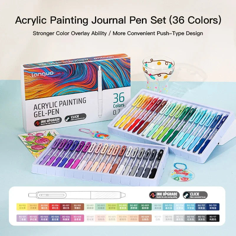 A set of 36 acrylic painting gel pens in various colors displayed in a white box and on a light blue surface.