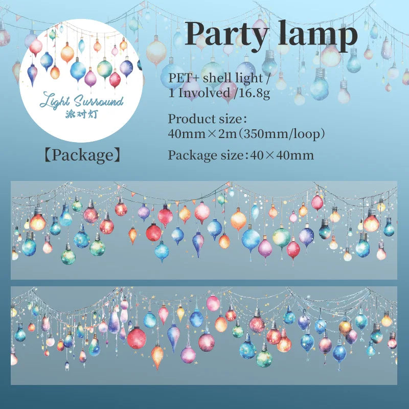Party lamp featuring colorful glass ornaments hanging from strings