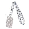 A black and white polka dot patterned lanyard with a silver clip and a rectangular tag.
