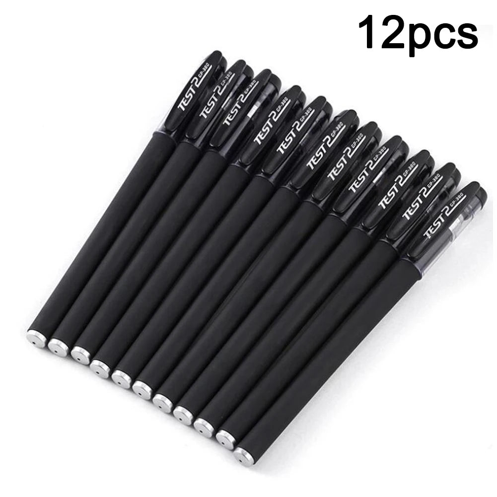A pack of 12 black gel ink pens with 'TEST 2' printed on them.