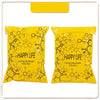 Two yellow reusable plastic mailing bags filled with black spherical objects, labeled Happy Life Extraordinary Feeling.