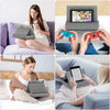 A woman is shown using a foldable tablet pillow stand with multi-angle viewing and stylus holder for reading in various conte