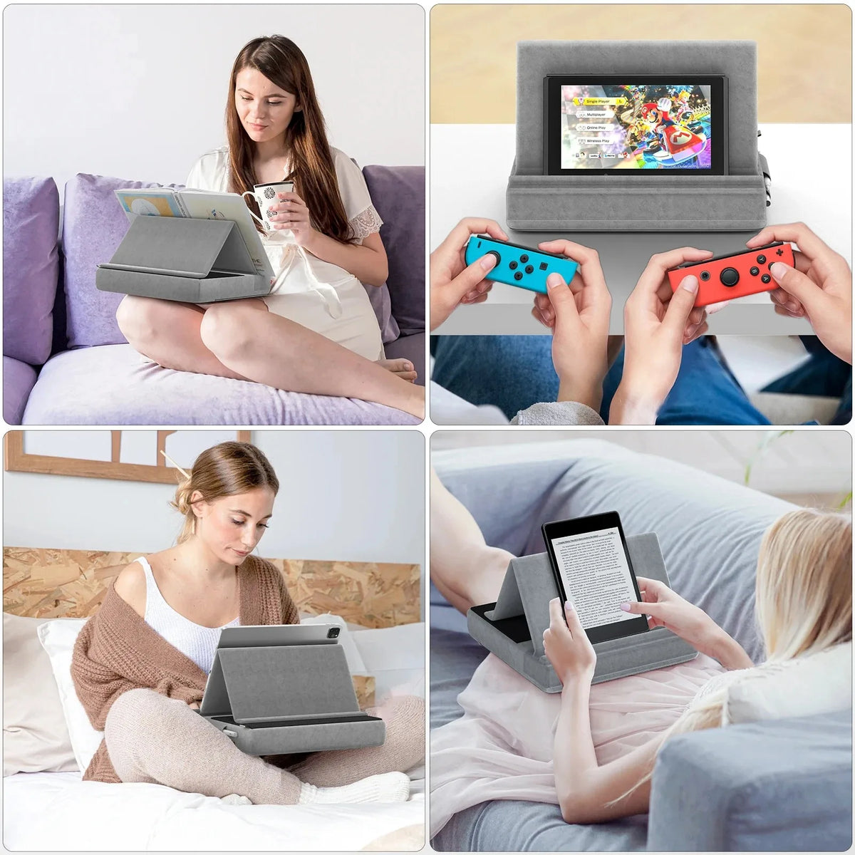 A woman is shown using a foldable tablet pillow stand with multi-angle viewing and stylus holder for reading in various conte