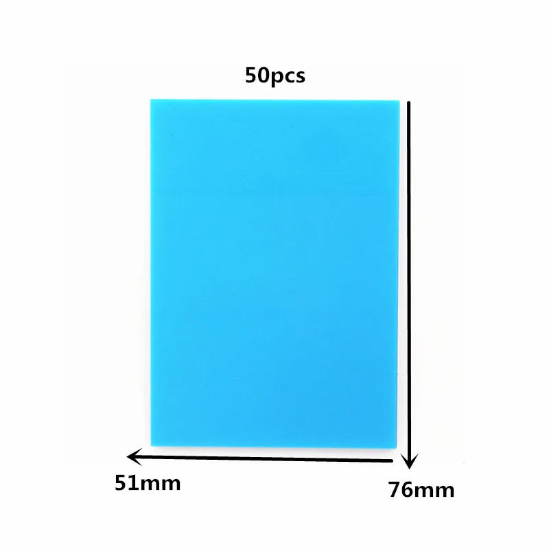 A rectangular sheet of bright blue transparent sticky note memo pad measuring 51mm by 76mm.