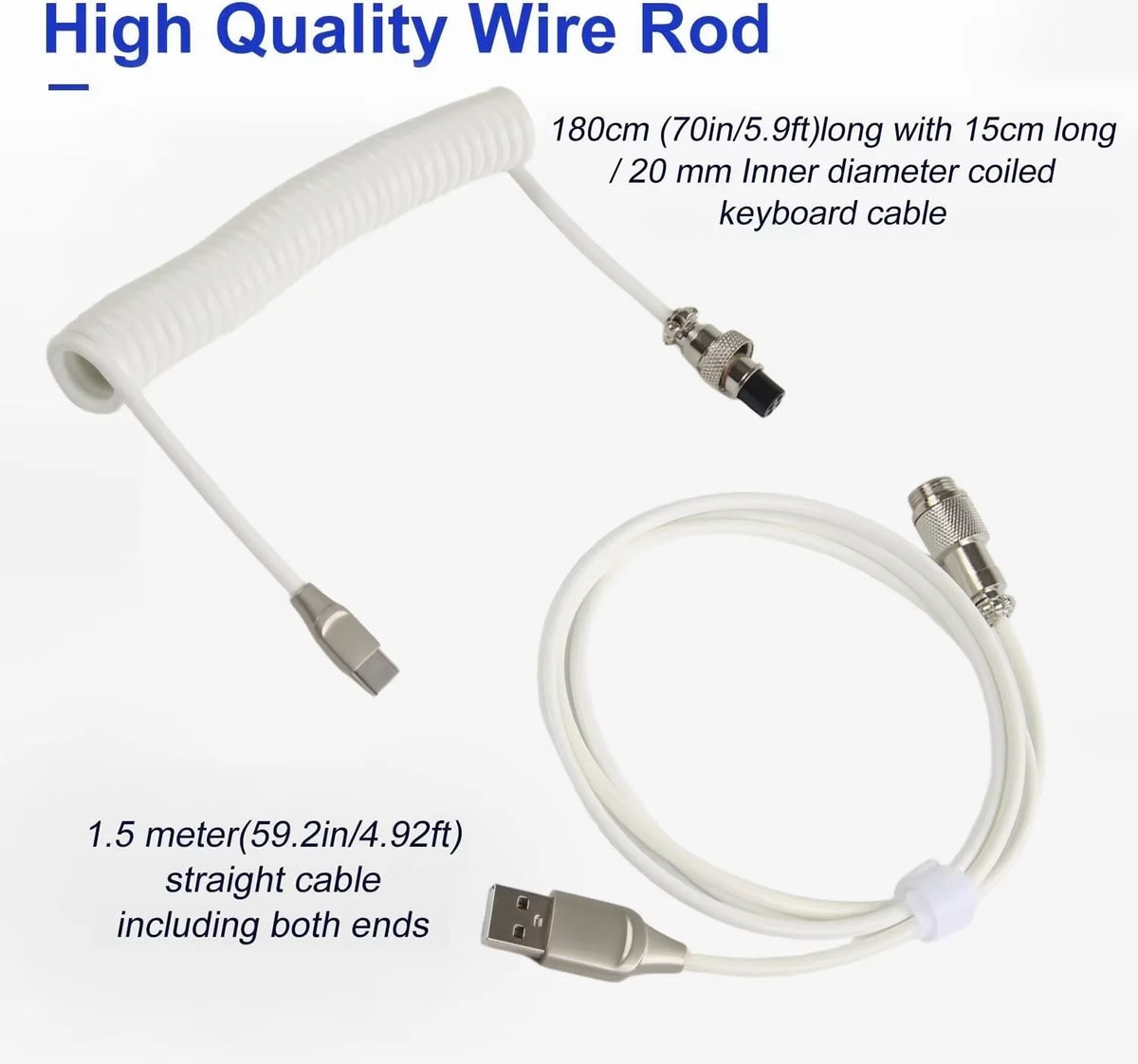 A white, coiled wire rod cable is shown with both ends, measuring 180cm long.