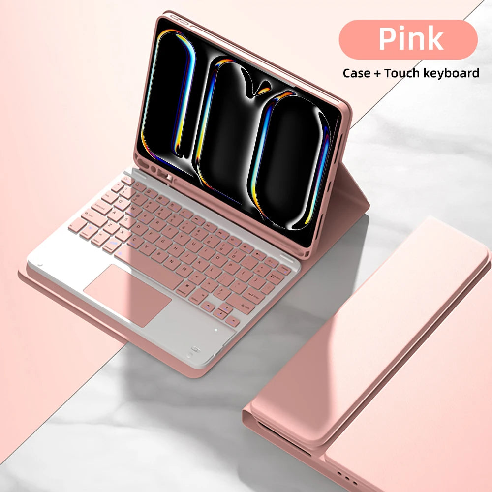 Pink magnetic keyboard case for iPad Pro 11-inch showing the device and attached keyboard.