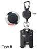 Black retractable badge clip with a hook and a card holder, shown from the front and back.