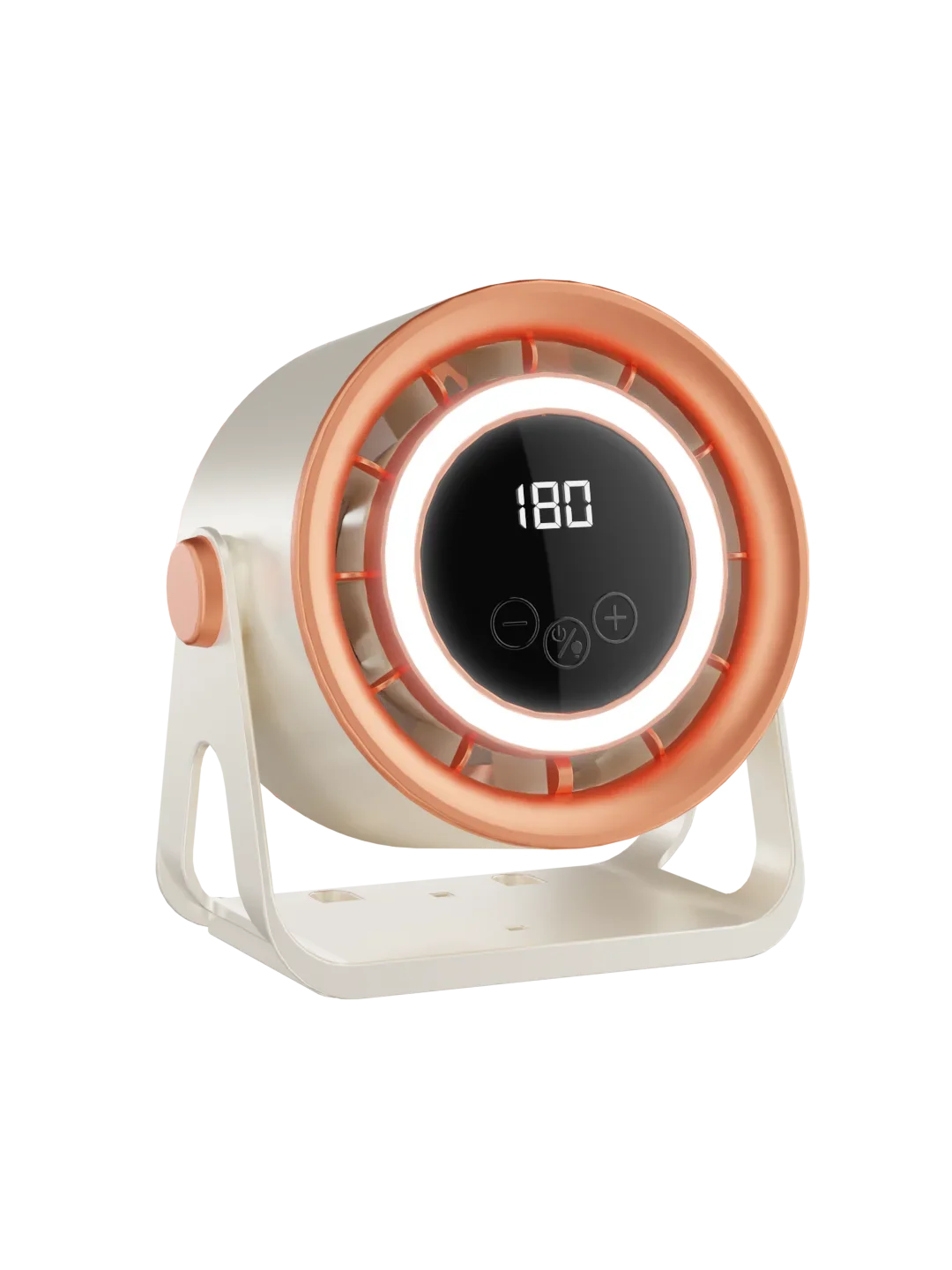 A portable rechargeable desk fan with an ambient light, featuring a circular grille and a digital display showing 180 degrees