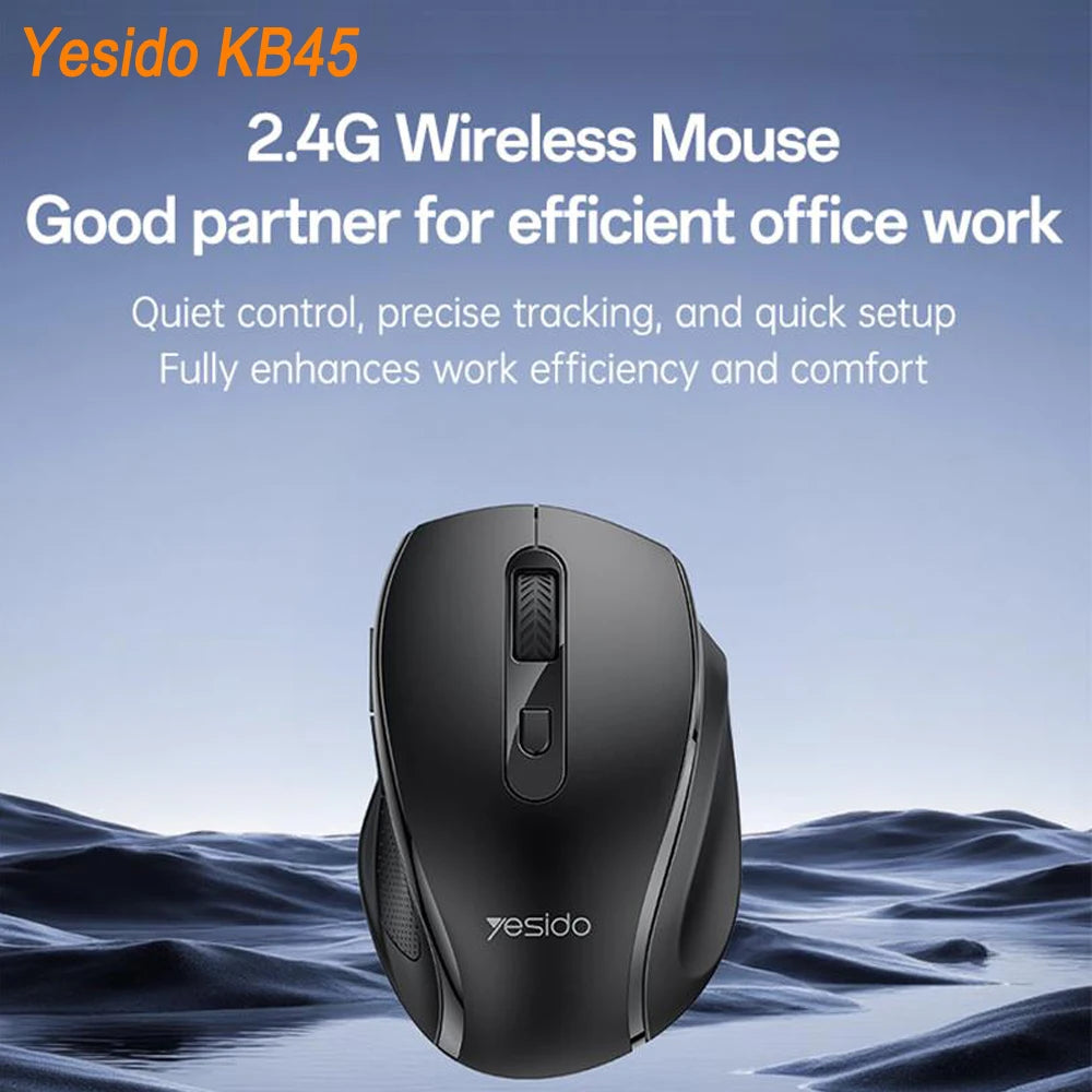 A black Yesido KB45 2.4G wireless mouse is shown against a blue, wavy background.