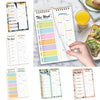A collection of weekly meal planner and grocery list pads in various designs and colors.