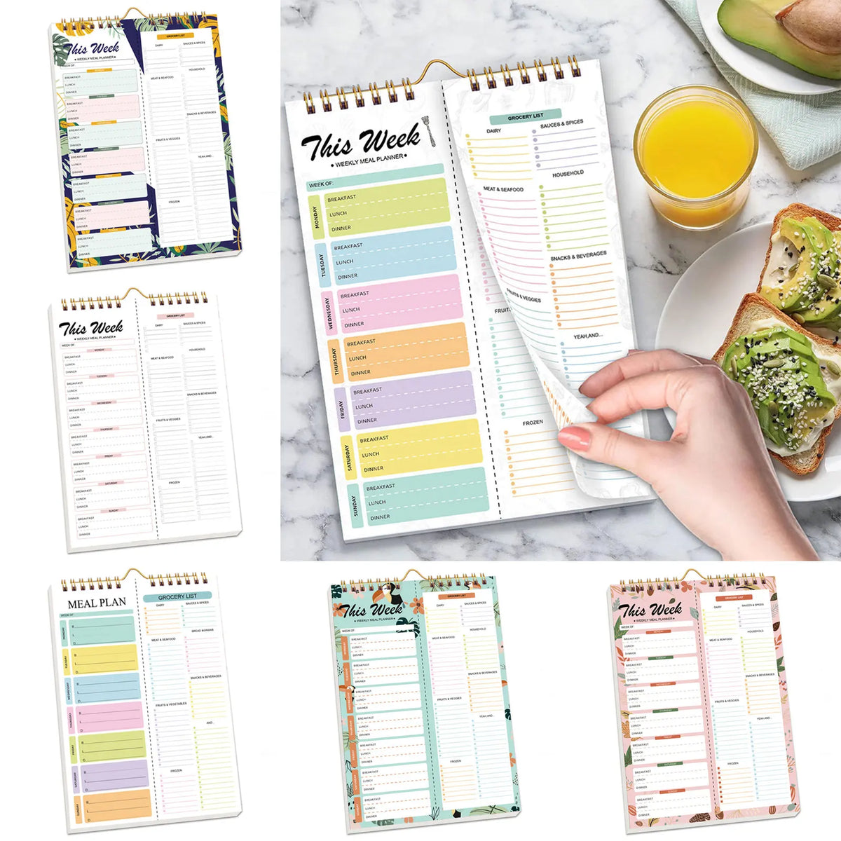 A collection of weekly meal planner and grocery list pads in various designs and colors.