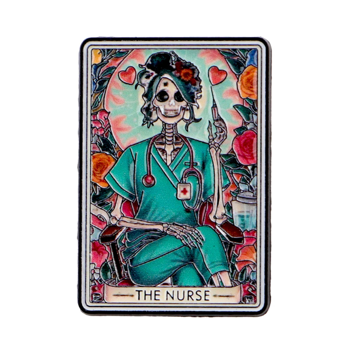 A tarot card depicting a nurse with a skull face and medical tools, titled The Nurse.